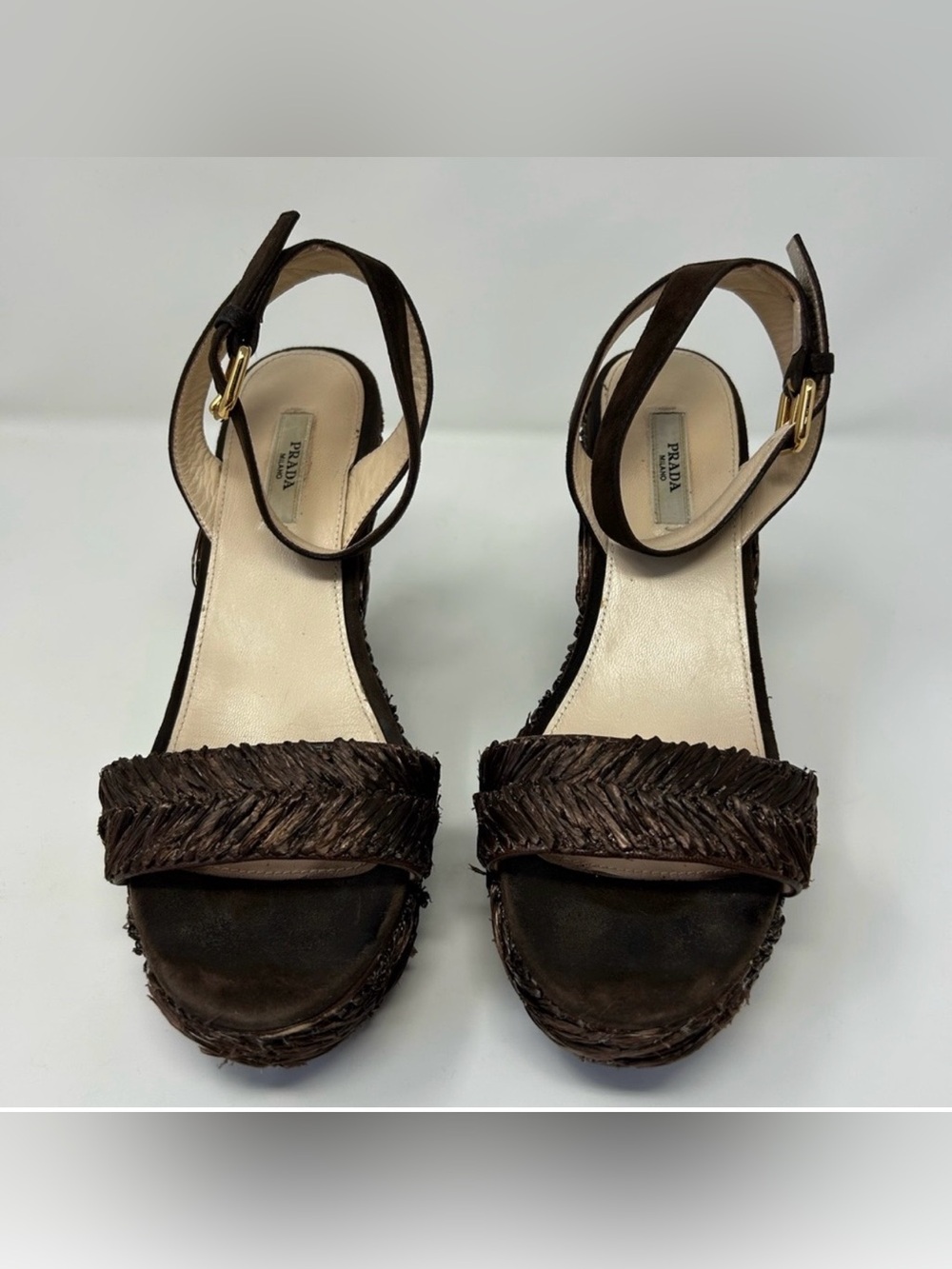Prada Brown Raffia Platform Sandals with Ankle Strap